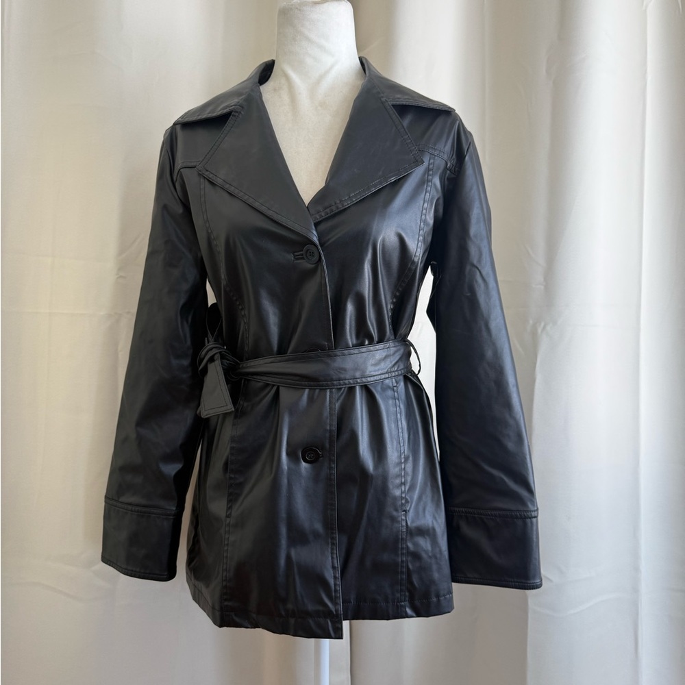 Vintage Black Faux Leather Belted Trench Coat